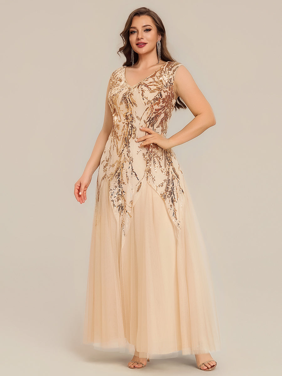 Bodenlanger V-Ausschnitt A-Linie Pailletten Kleid Mit Besticktem Blumenmuster #Farbe_Gold