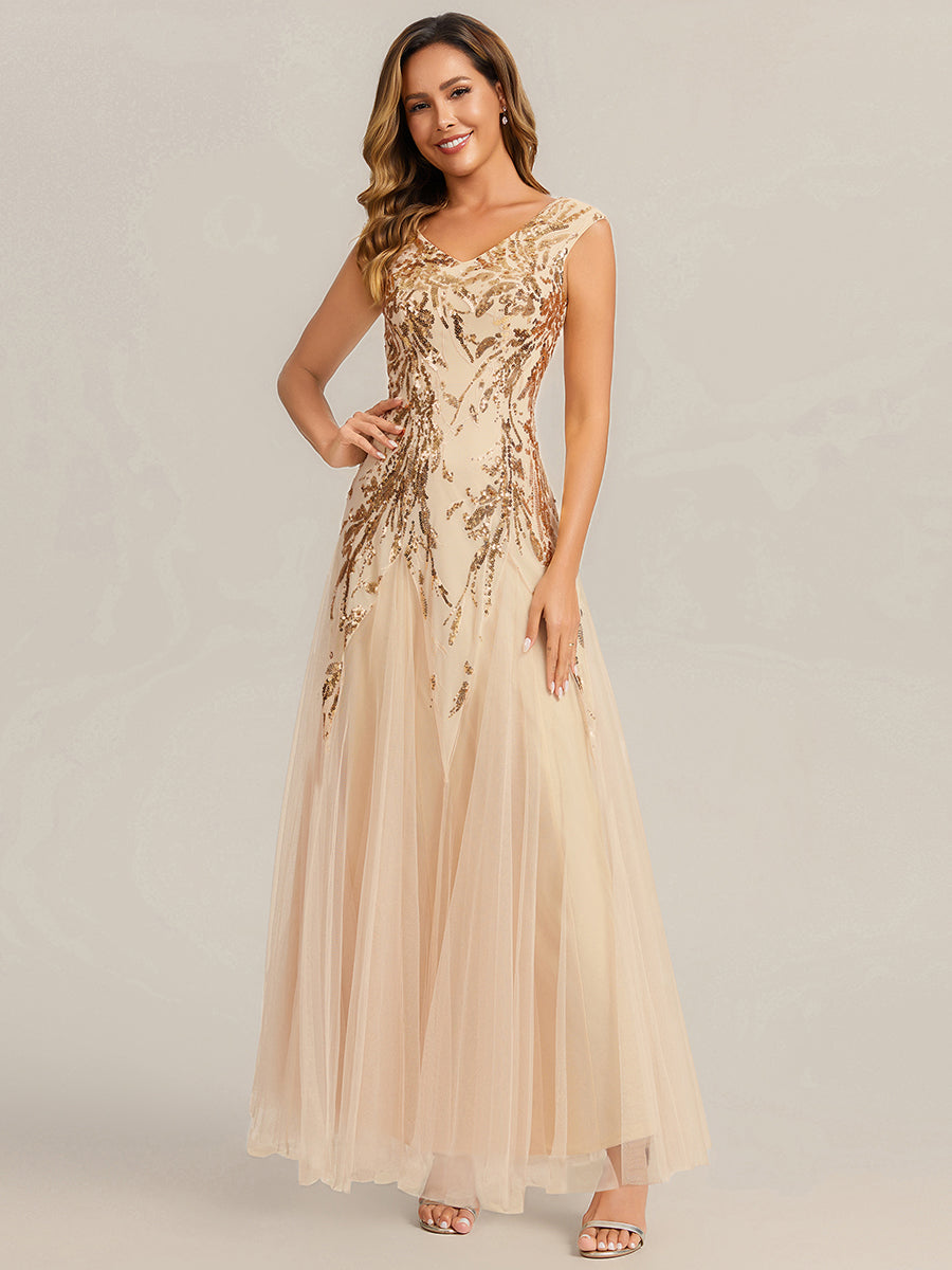 Bodenlanger V-Ausschnitt A-Linie Pailletten Kleid Mit Besticktem Blumenmuster #Farbe_Gold