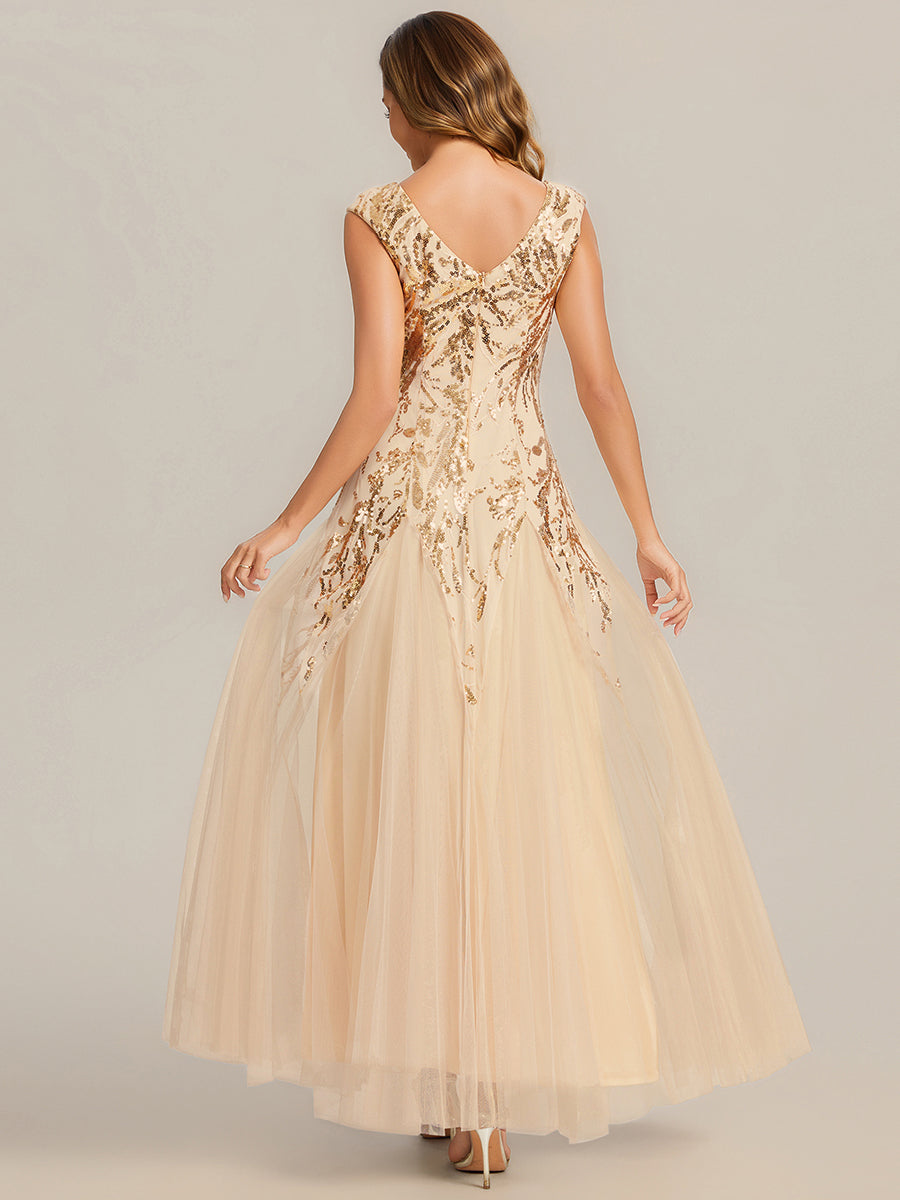 Bodenlanger V-Ausschnitt A-Linie Pailletten Kleid Mit Besticktem Blumenmuster #Farbe_Gold