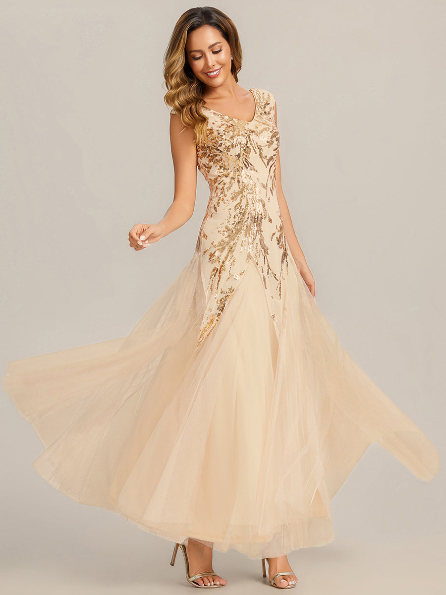 Bodenlanger V-Ausschnitt A-Linie Pailletten Kleid Mit Besticktem Blumenmuster #Farbe_Gold