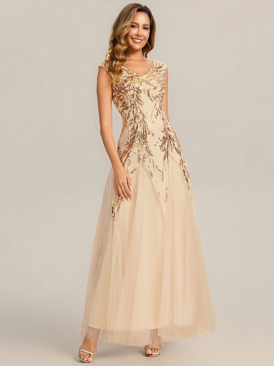 Bodenlanger V-Ausschnitt A-Linie Pailletten Kleid Mit Besticktem Blumenmuster #Farbe_Gold