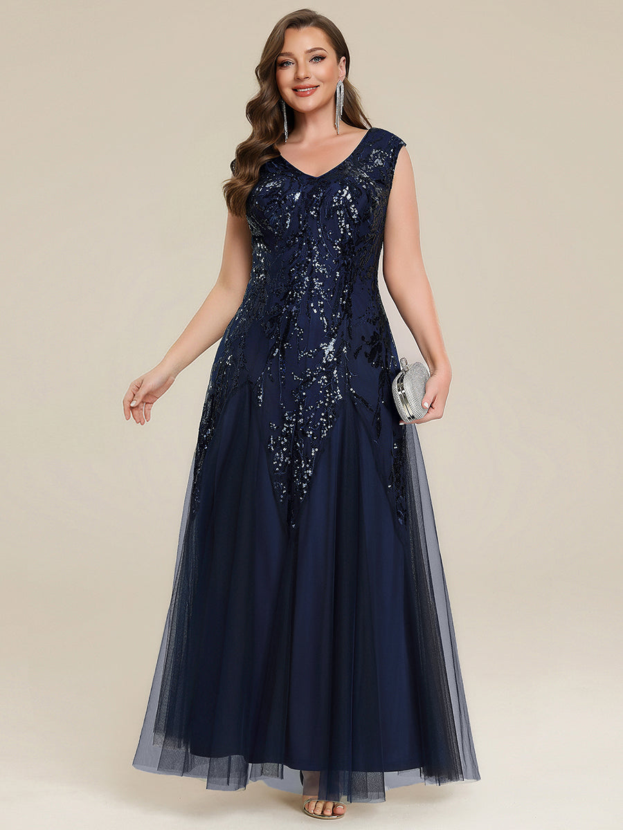 Bodenlanger V-Ausschnitt A-Linie Pailletten Kleid Mit Besticktem Blumenmuster #Farbe_Marineblau