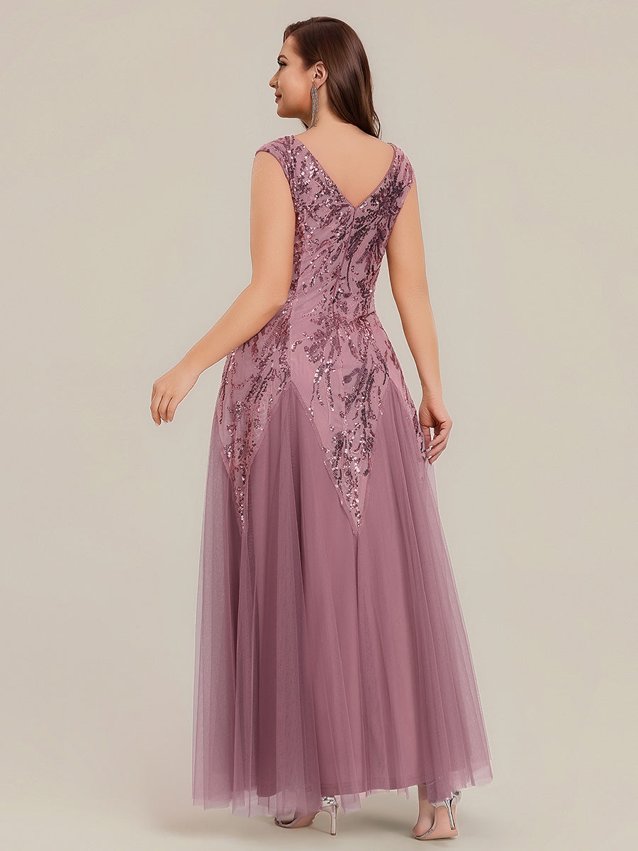 Bodenlanger V-Ausschnitt A-Linie Pailletten Kleid Mit Besticktem Blumenmuster #Farbe_Orchideenviolett