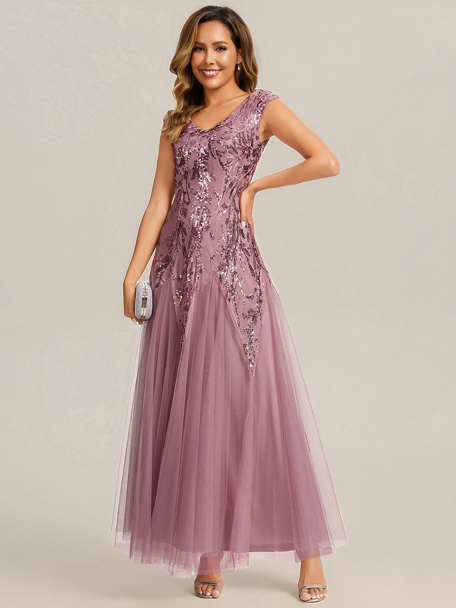 Bodenlanger V-Ausschnitt A-Linie Pailletten Kleid Mit Besticktem Blumenmuster #Farbe_Orchideenviolett