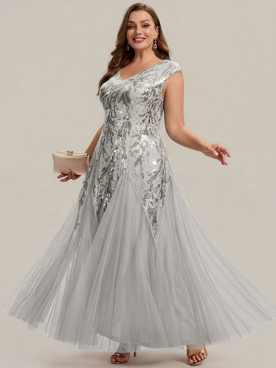 Bodenlanger V-Ausschnitt A-Linie Pailletten Kleid Mit Besticktem Blumenmuster #Farbe_Silber