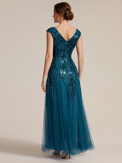 Bodenlanger V-Ausschnitt A-Linie Pailletten Kleid Mit Besticktem Blumenmuster #Farbe_Petrol