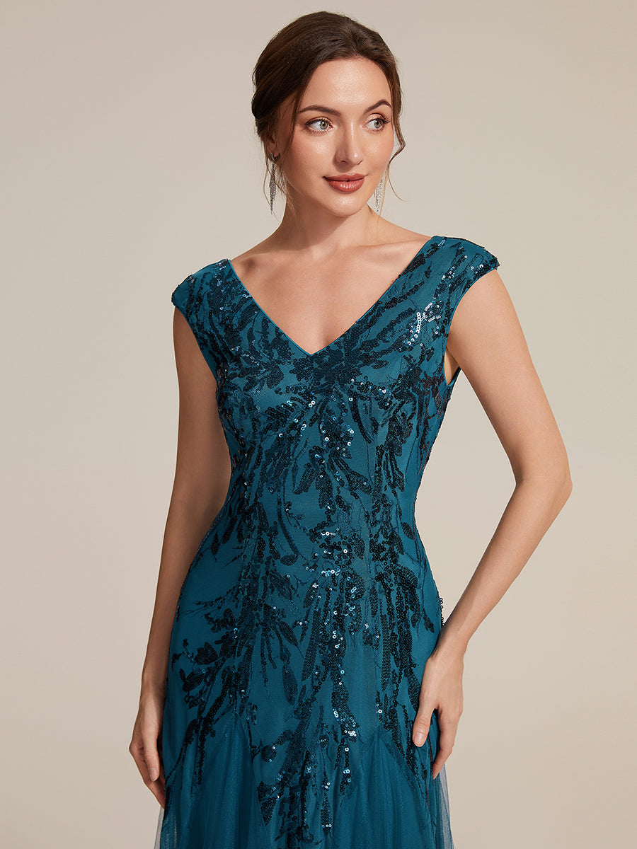 Bodenlanger V-Ausschnitt A-Linie Pailletten Kleid Mit Besticktem Blumenmuster #Farbe_Petrol