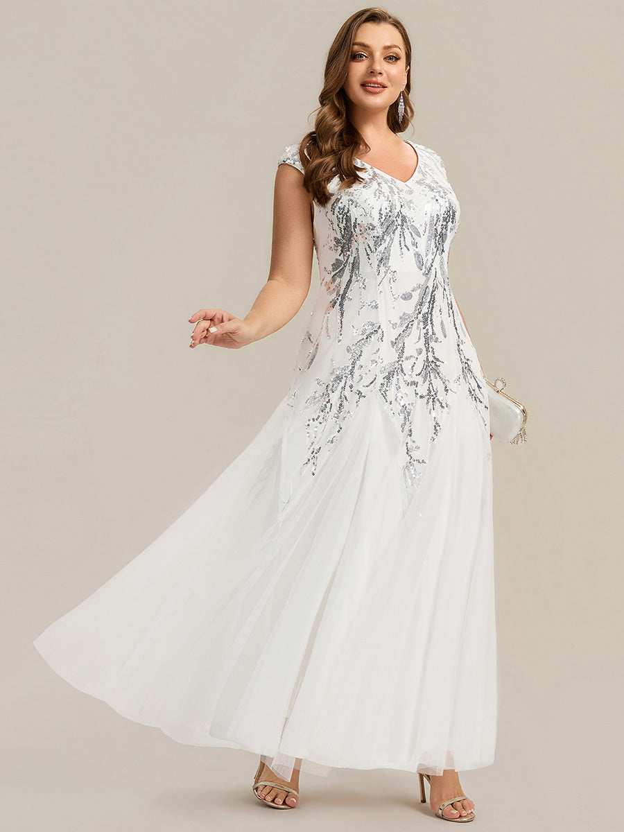Bodenlanger V-Ausschnitt A-Linie Pailletten Kleid Mit Besticktem Blumenmuster #Farbe_Weiß