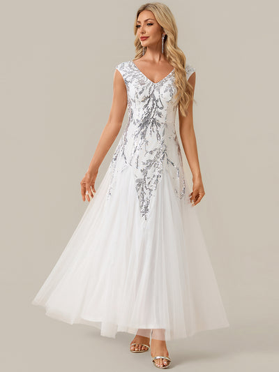 Bodenlanger V-Ausschnitt A-Linie Pailletten Kleid Mit Besticktem Blumenmuster #Farbe_Weiß