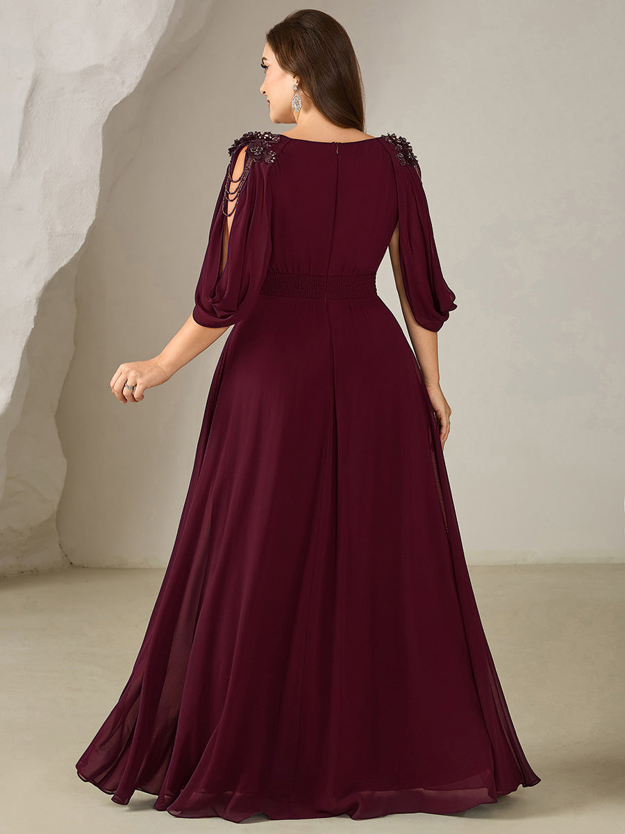 Bodenlanger V-Ausschnitt A-Linie Chiffonkleid Mit Blumenmuster Perlenapplikationen Und Raffung #Farbe_Burgunderrot