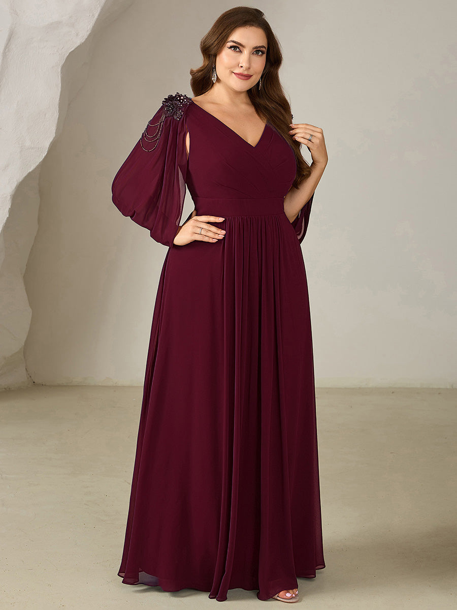 Bodenlanger V-Ausschnitt A-Linie Chiffonkleid Mit Blumenmuster Perlenapplikationen Und Raffung #Farbe_Burgunderrot