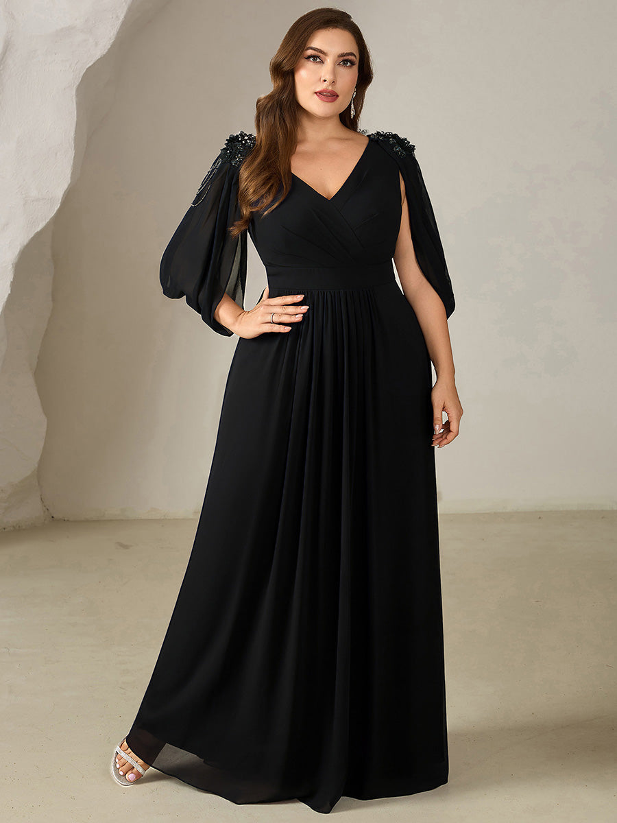 Bodenlanger V-Ausschnitt A-Linie Chiffonkleid Mit Blumenmuster Perlenapplikationen Und Raffung #Farbe_Schwarz