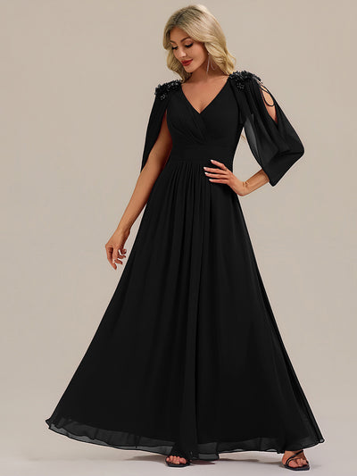 Bodenlanger V-Ausschnitt A-Linie Chiffonkleid Mit Blumenmuster Perlenapplikationen Und Raffung #Farbe_Schwarz