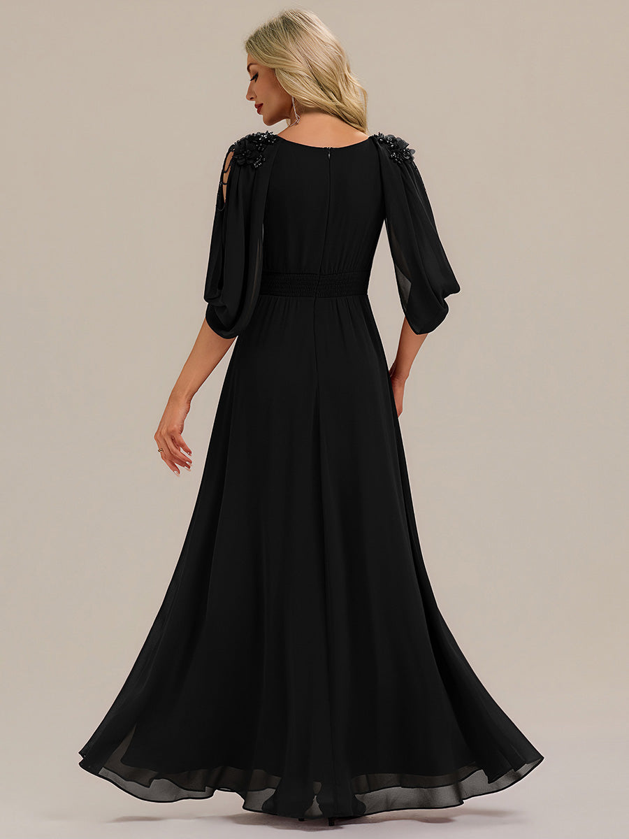 Bodenlanger V-Ausschnitt A-Linie Chiffonkleid Mit Blumenmuster Perlenapplikationen Und Raffung #Farbe_Schwarz