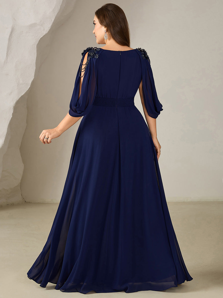 Bodenlanger V-Ausschnitt A-Linie Chiffonkleid Mit Blumenmuster Perlenapplikationen Und Raffung #Farbe_Marineblau