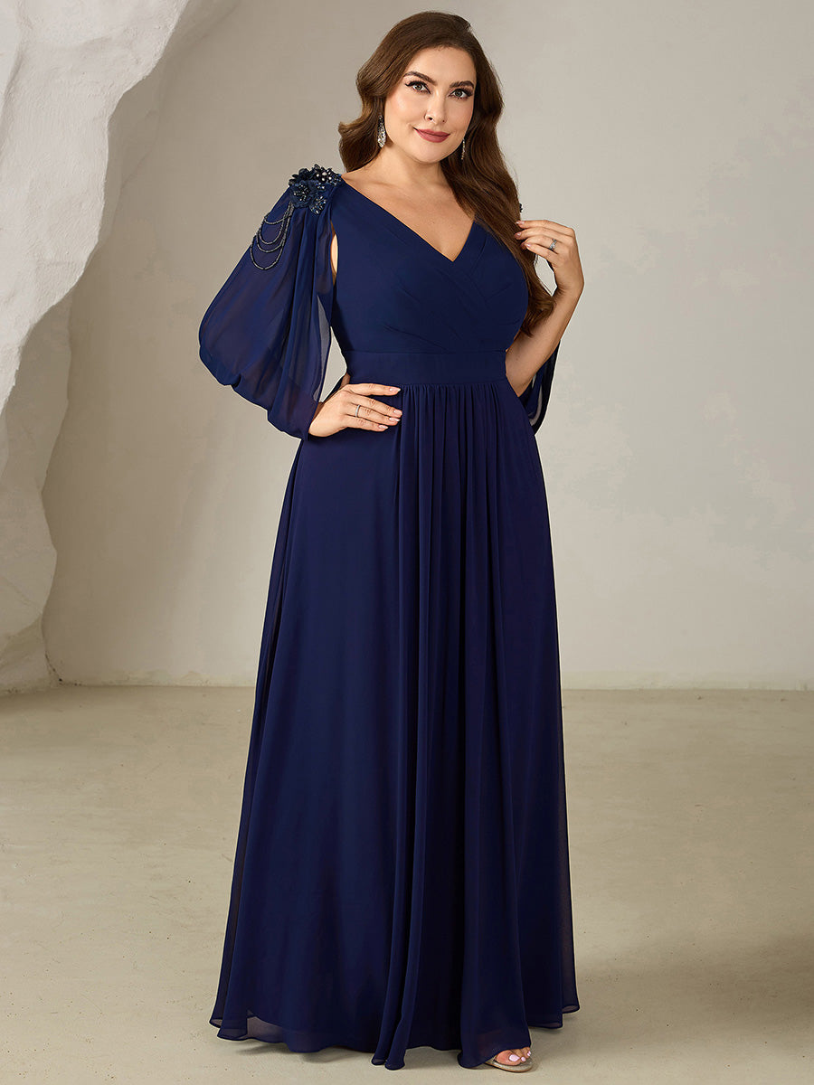 Bodenlanger V-Ausschnitt A-Linie Chiffonkleid Mit Blumenmuster Perlenapplikationen Und Raffung #Farbe_Marineblau