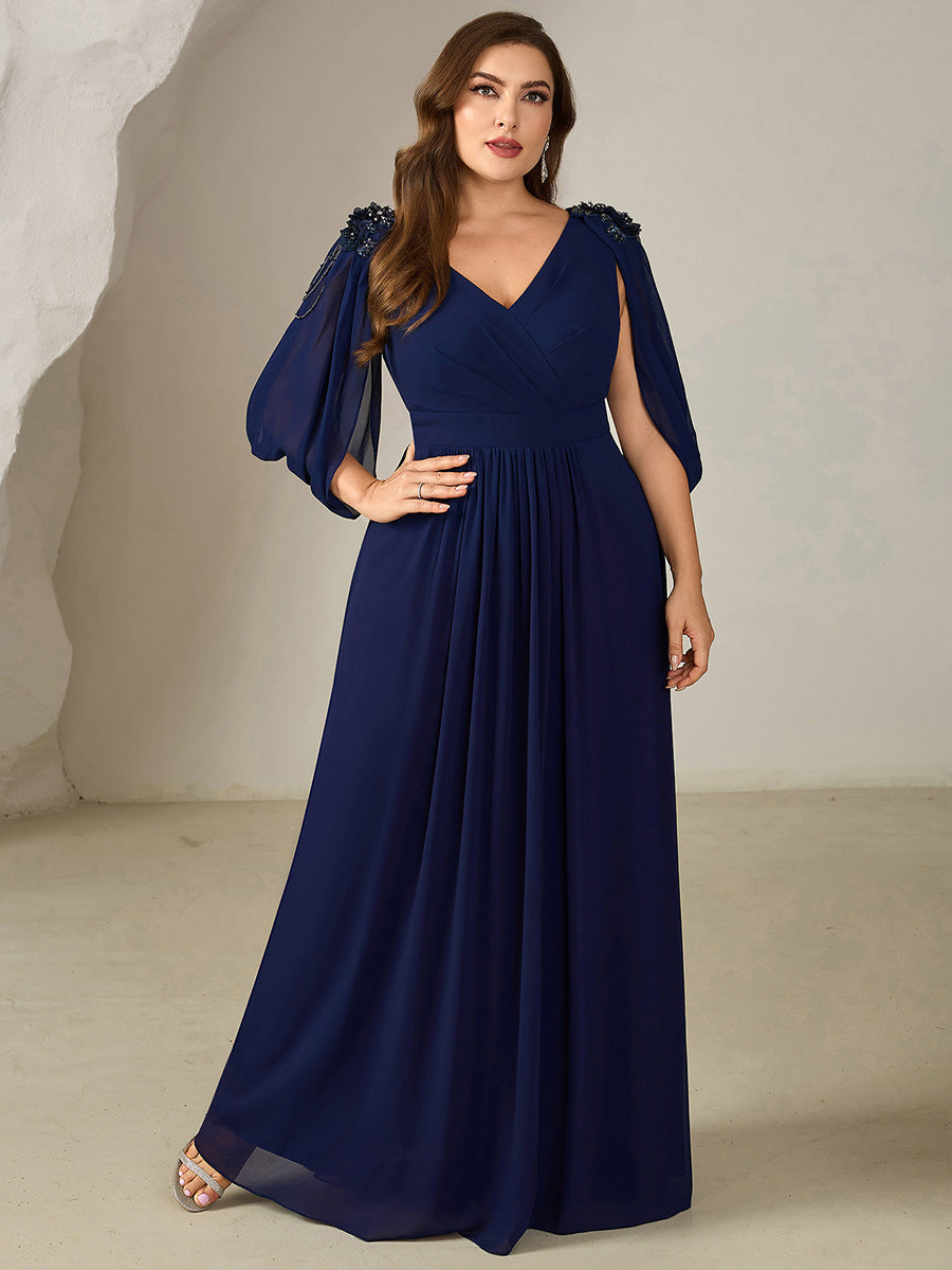 Bodenlanger V-Ausschnitt A-Linie Chiffonkleid Mit Blumenmuster Perlenapplikationen Und Raffung #Farbe_Marineblau
