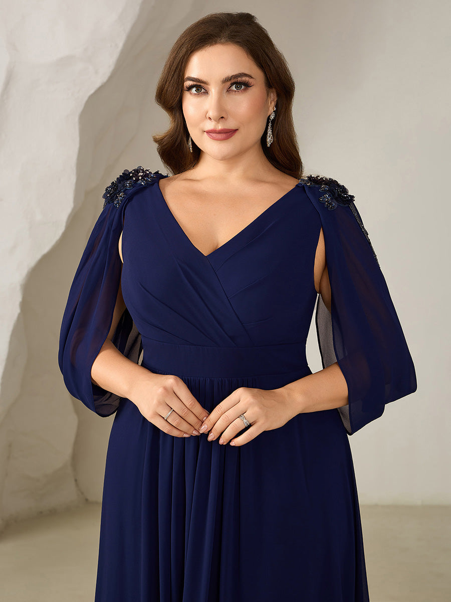 Bodenlanger V-Ausschnitt A-Linie Chiffonkleid Mit Blumenmuster Perlenapplikationen Und Raffung #Farbe_Marineblau
