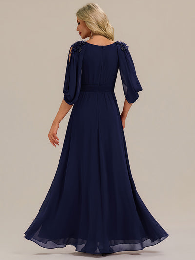 Bodenlanger V-Ausschnitt A-Linie Chiffonkleid Mit Blumenmuster Perlenapplikationen Und Raffung #Farbe_Marineblau
