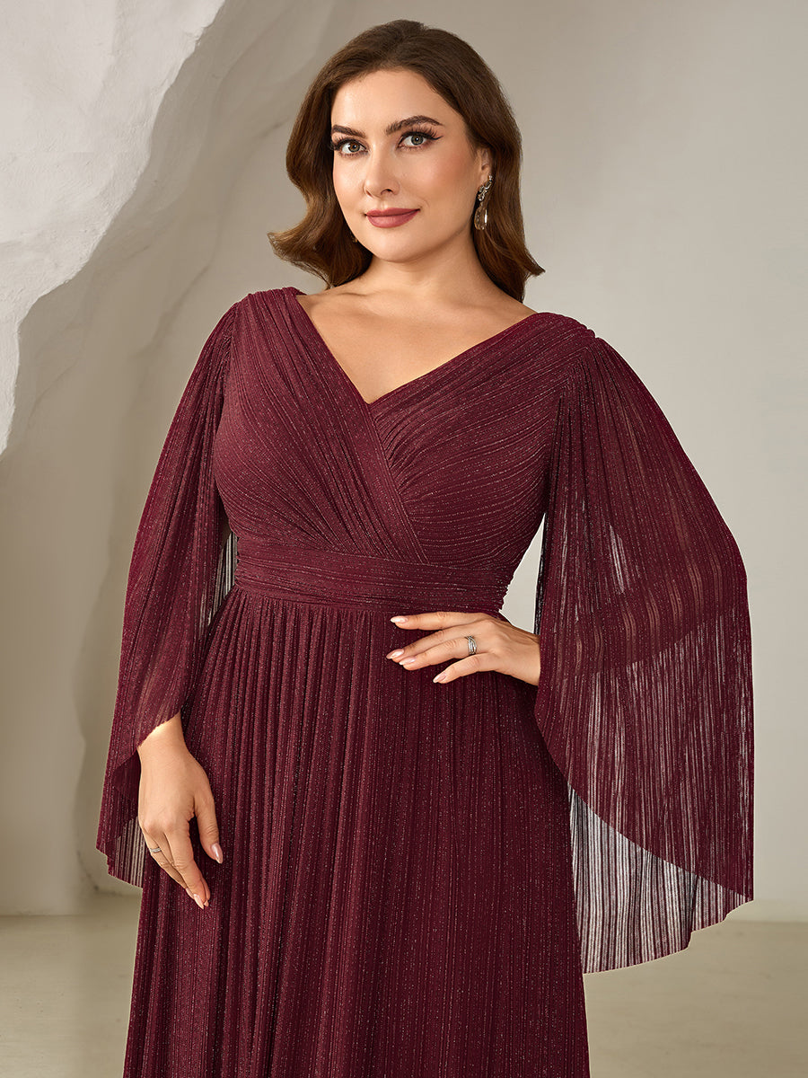 Bodenlanger A-Linien Mesh Kleid Mit Tiefem V-Ausschnitt Eleganz #Farbe_Burgunderrot