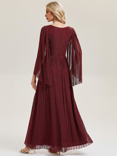 Bodenlanger A-Linien Mesh Kleid Mit Tiefem V-Ausschnitt Eleganz #Farbe_Burgunderrot