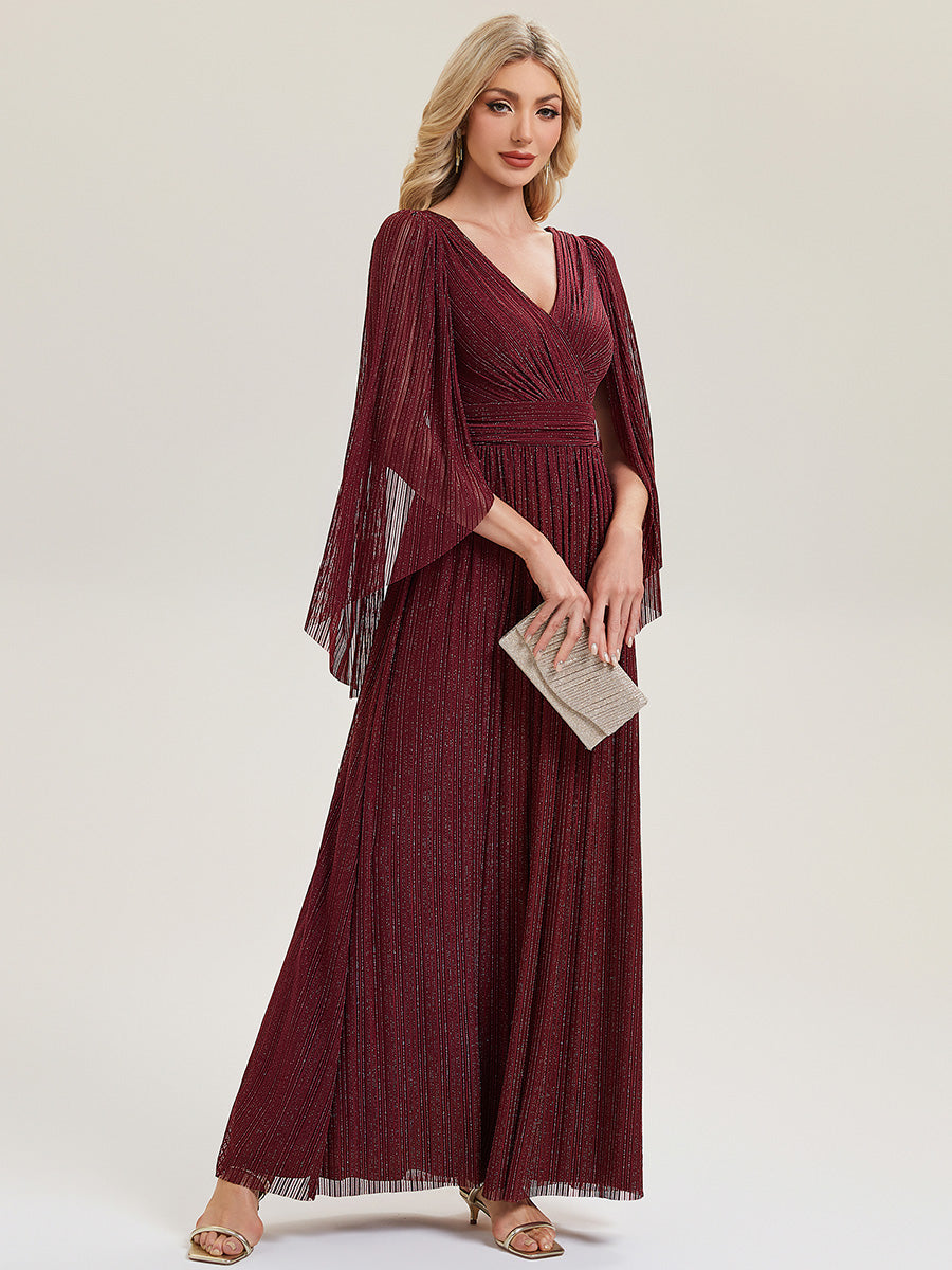 Bodenlanger A-Linien Mesh Kleid Mit Tiefem V-Ausschnitt Eleganz #Farbe_Burgunderrot