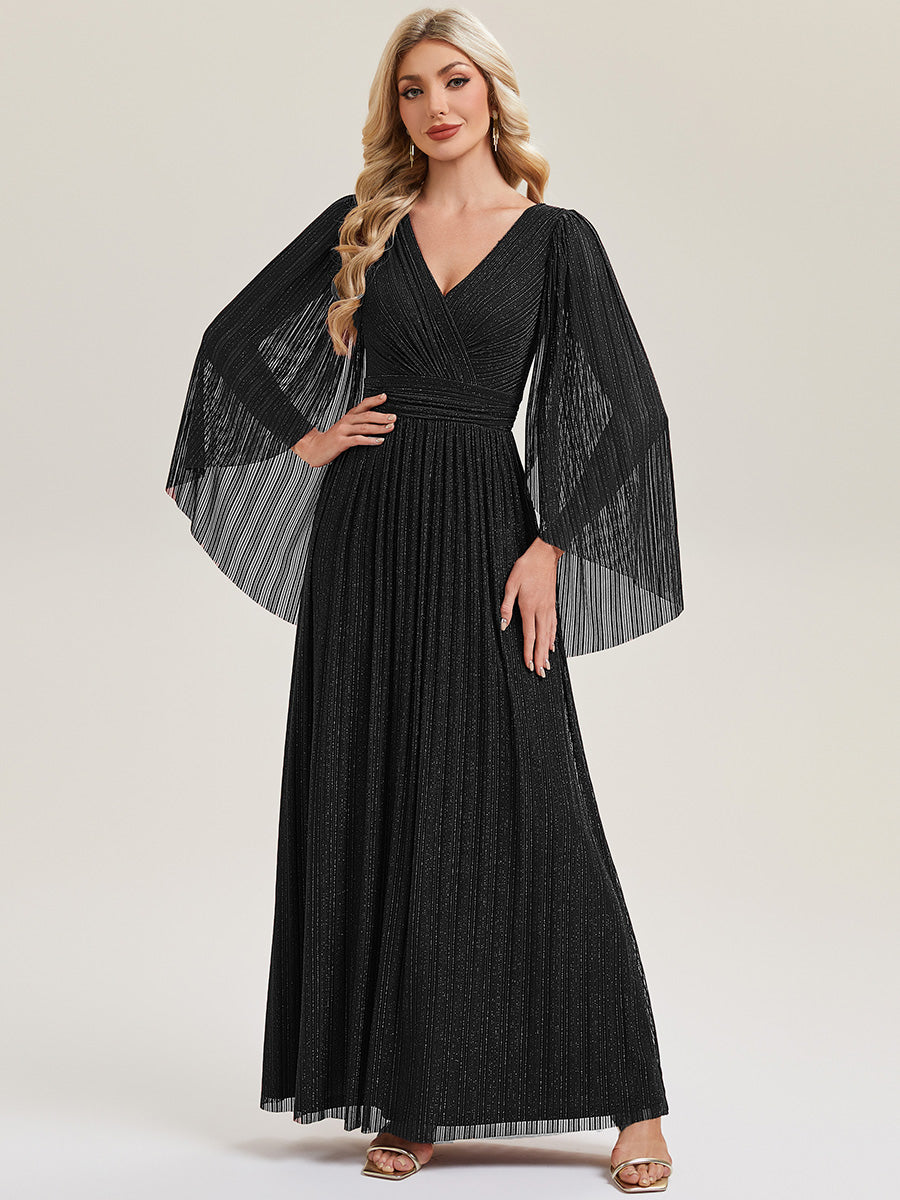 Bodenlanger A-Linien Mesh Kleid Mit Tiefem V-Ausschnitt Eleganz #Farbe_Schwarz