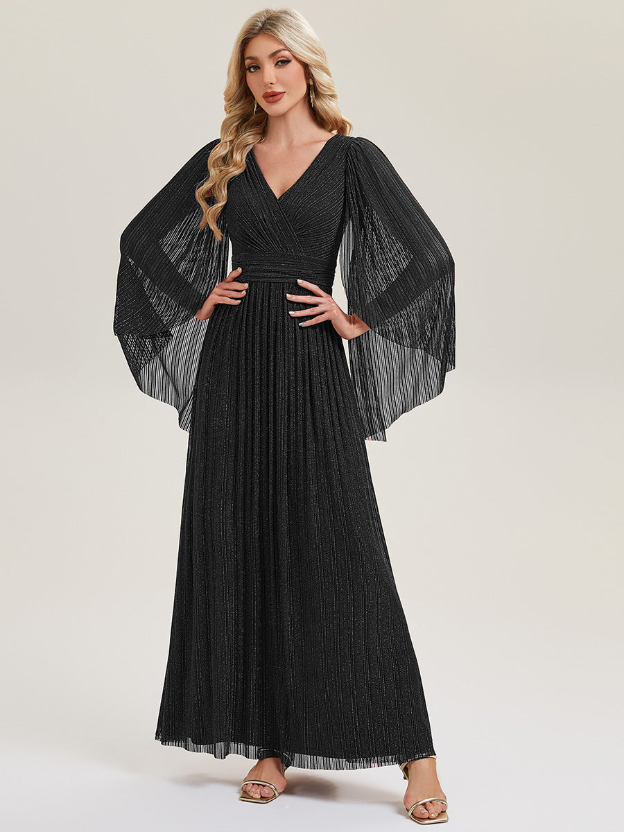 Bodenlanger A-Linien Mesh Kleid Mit Tiefem V-Ausschnitt Eleganz #Farbe_Schwarz