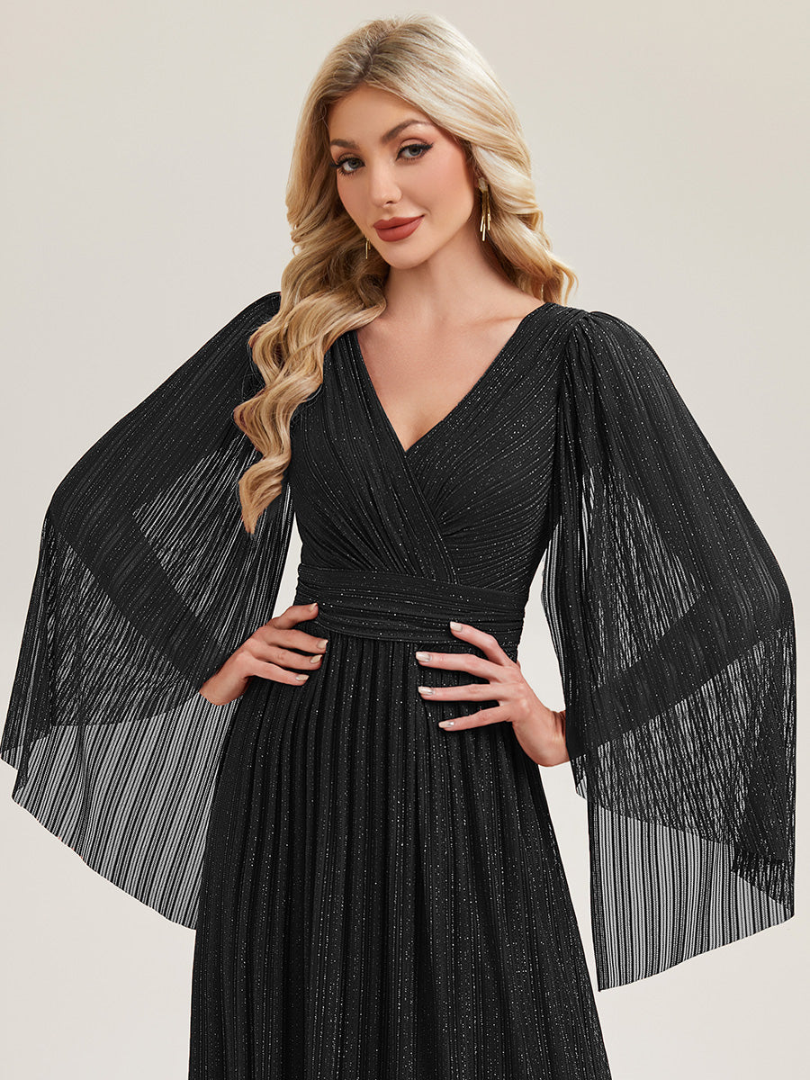 Bodenlanger A-Linien Mesh Kleid Mit Tiefem V-Ausschnitt Eleganz #Farbe_Schwarz