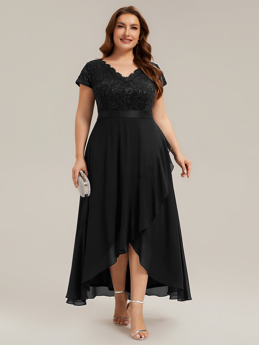 Asymmetrischer Saum, tiefer V-Ausschnitt, Chiffon-Kleid mit Rüschen-Patchwork – Hoch-Tief-Kleid #Farbe_Schwarz