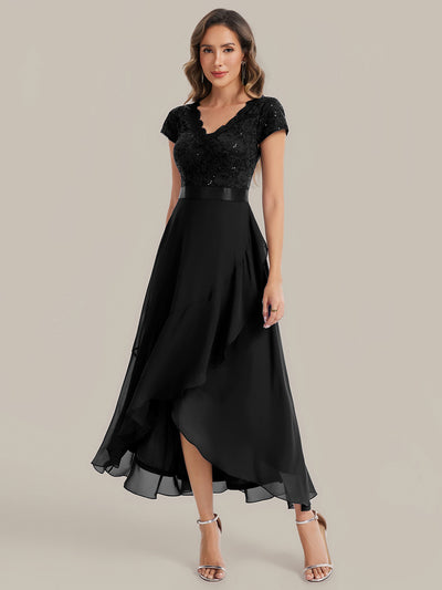 Asymmetrischer Saum, tiefer V-Ausschnitt, Chiffon-Kleid mit Rüschen-Patchwork – Hoch-Tief-Kleid #Farbe_Schwarz