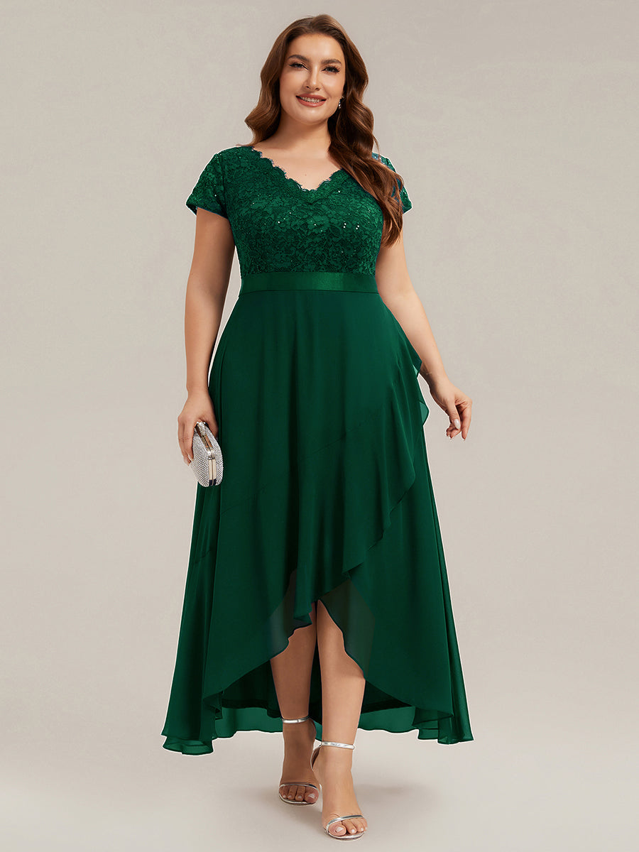 Asymmetrischer Saum, tiefer V-Ausschnitt, Chiffon-Kleid mit Rüschen-Patchwork – Hoch-Tief-Kleid #Farbe_Dunkelgrün