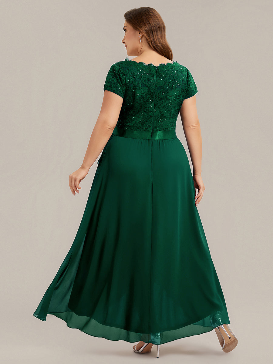 Asymmetrischer Saum, tiefer V-Ausschnitt, Chiffon-Kleid mit Rüschen-Patchwork – Hoch-Tief-Kleid #Farbe_Dunkelgrün