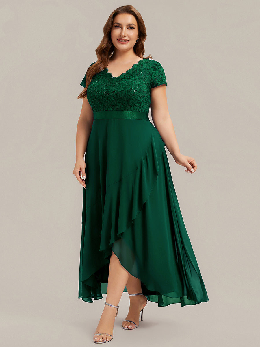 Asymmetrischer Saum, tiefer V-Ausschnitt, Chiffon-Kleid mit Rüschen-Patchwork – Hoch-Tief-Kleid #Farbe_Dunkelgrün