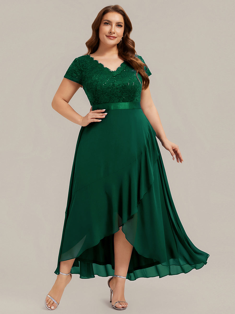 Asymmetrischer Saum, tiefer V-Ausschnitt, Chiffon-Kleid mit Rüschen-Patchwork – Hoch-Tief-Kleid #Farbe_Dunkelgrün