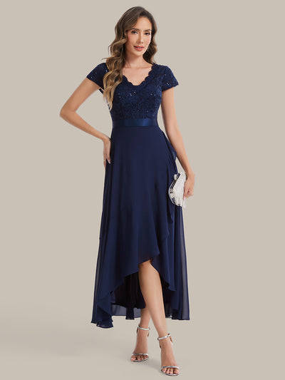 Asymmetrischer Saum, tiefer V-Ausschnitt, Chiffon-Kleid mit Rüschen-Patchwork – Hoch-Tief-Kleid #Farbe_Marineblau