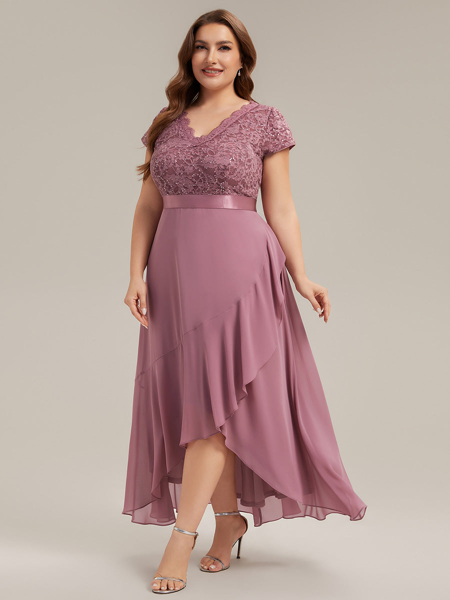 Asymmetrischer Saum, tiefer V-Ausschnitt, Chiffon-Kleid mit Rüschen-Patchwork – Hoch-Tief-Kleid #Farbe_Orchideenviolett