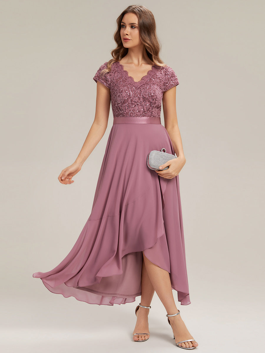 Asymmetrischer Saum, tiefer V-Ausschnitt, Chiffon-Kleid mit Rüschen-Patchwork – Hoch-Tief-Kleid #Farbe_Orchideenviolett