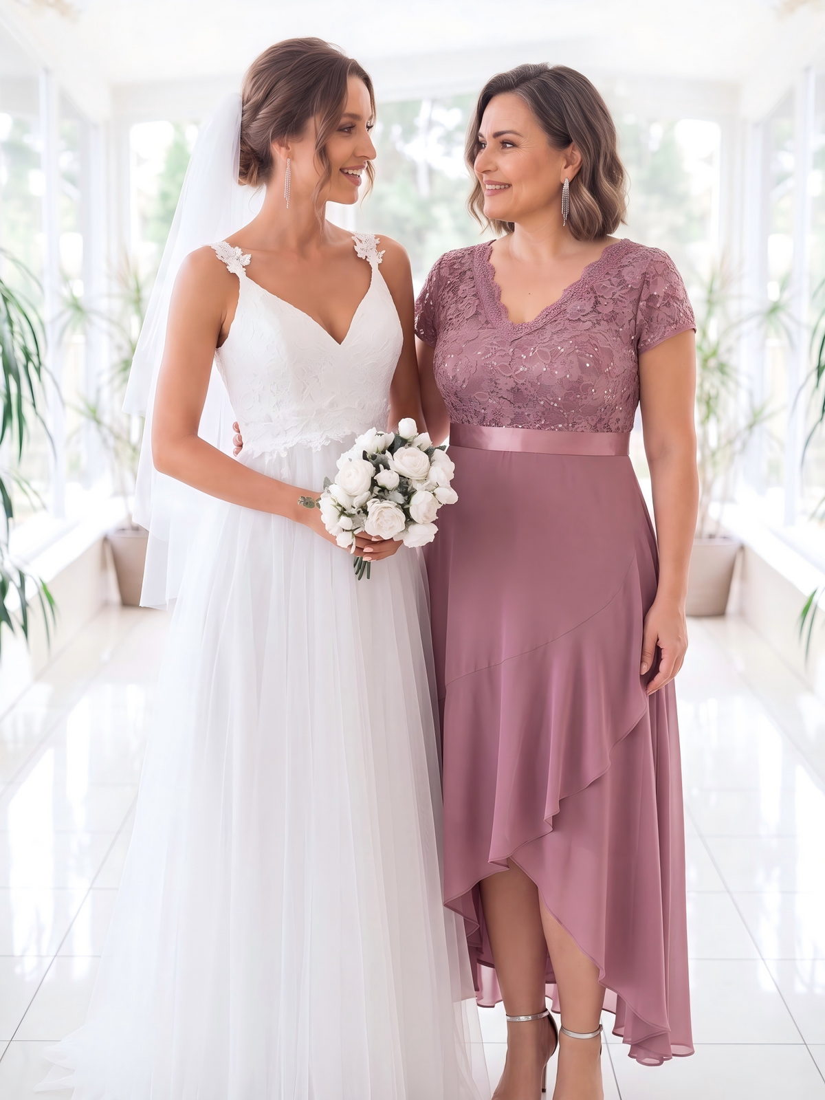 Asymmetrischer Saum, tiefer V-Ausschnitt, Chiffon-Kleid mit Rüschen-Patchwork – Hoch-Tief-Kleid #Farbe_Orchideenviolett