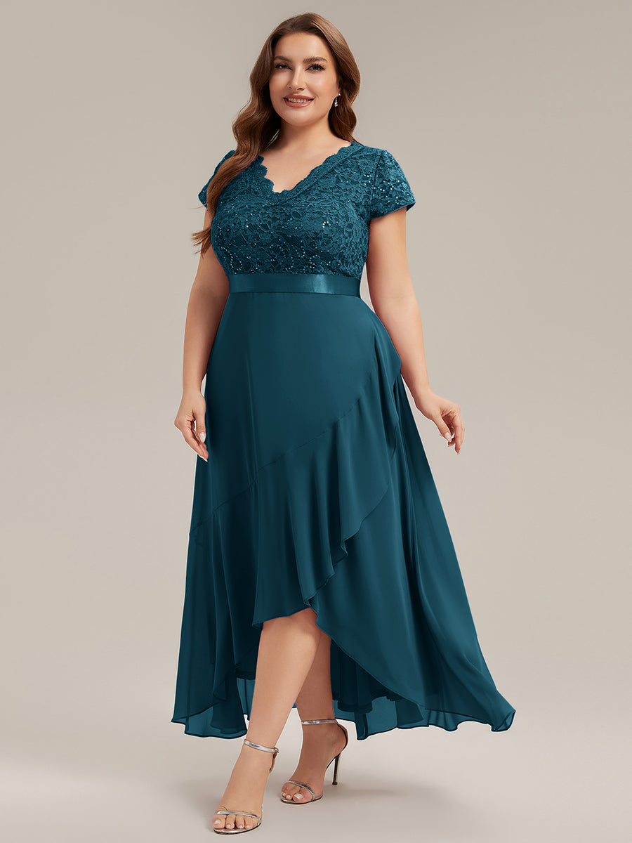 Asymmetrischer Saum, tiefer V-Ausschnitt, Chiffon-Kleid mit Rüschen-Patchwork – Hoch-Tief-Kleid #Farbe_Petrol