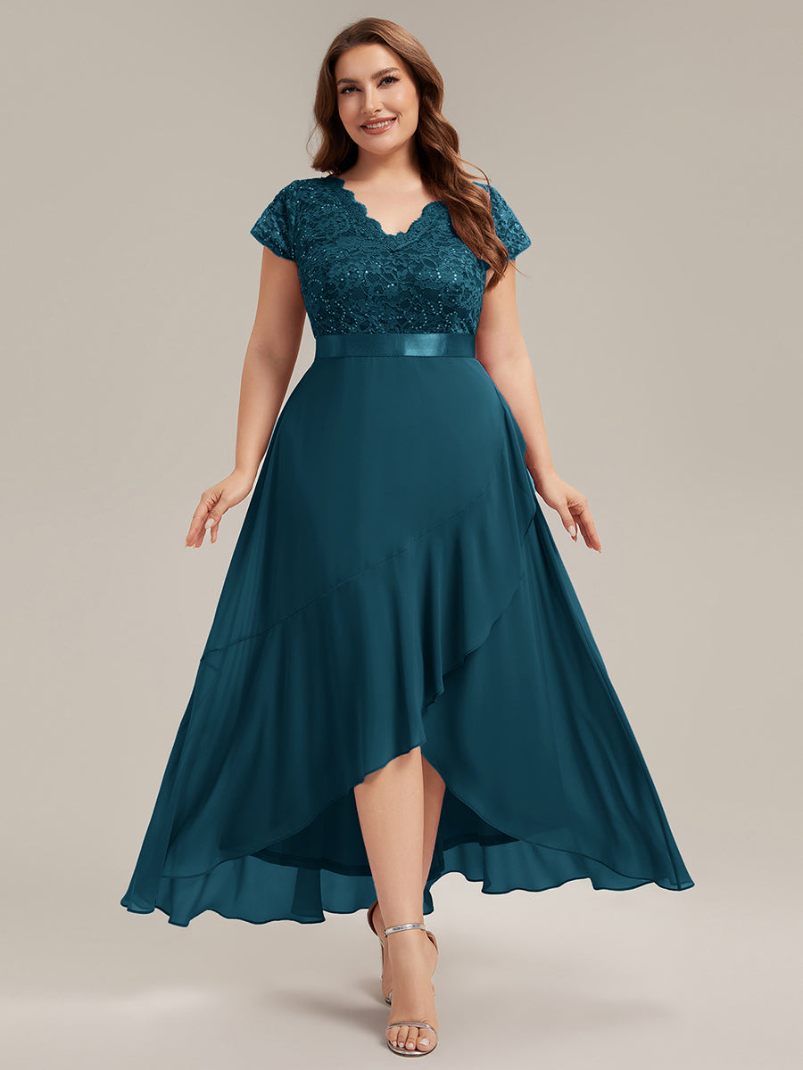 Asymmetrischer Saum, tiefer V-Ausschnitt, Chiffon-Kleid mit Rüschen-Patchwork – Hoch-Tief-Kleid #Farbe_Petrol