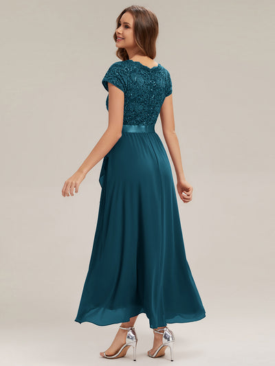 Asymmetrischer Saum, tiefer V-Ausschnitt, Chiffon-Kleid mit Rüschen-Patchwork – Hoch-Tief-Kleid #Farbe_Petrol