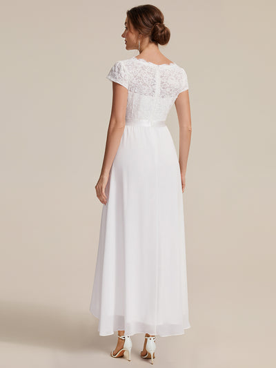 Asymmetrischer Saum, tiefer V-Ausschnitt, Chiffon-Kleid mit Rüschen-Patchwork – Hoch-Tief-Kleid #Farbe_Weiß