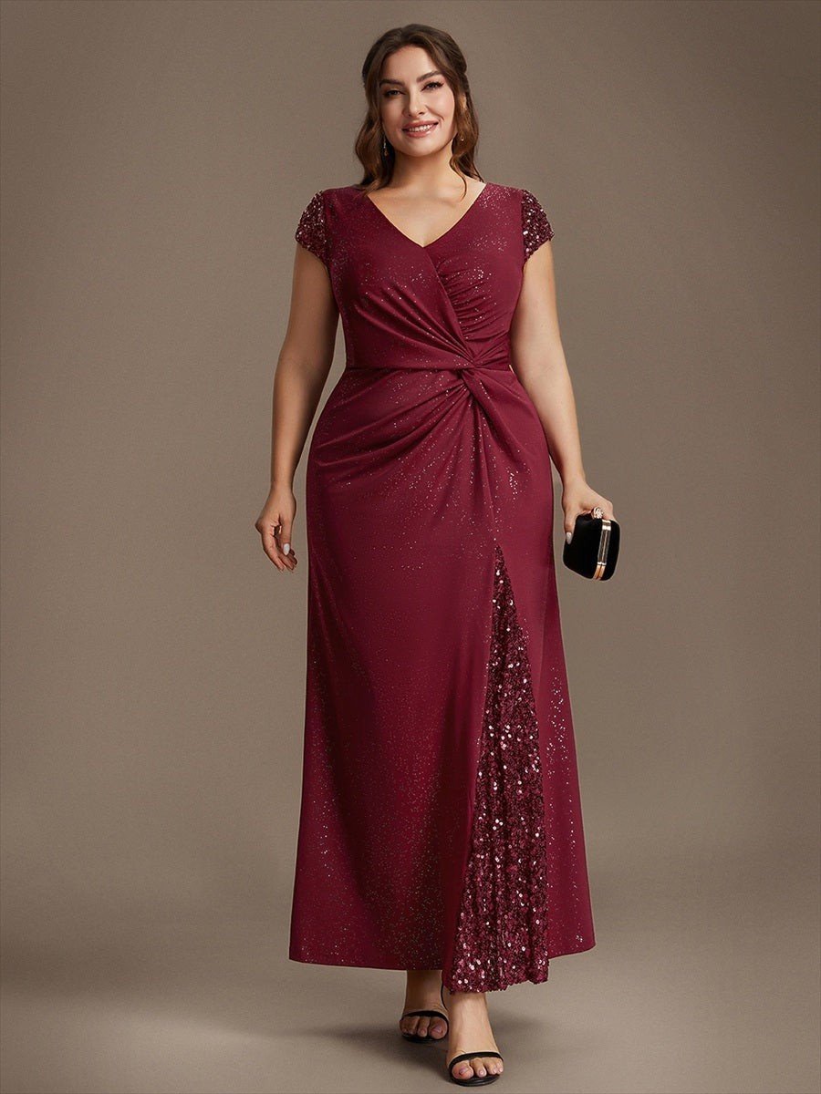 Bodenlanger V-Ausschnitt Bodycon Strickkleid Mit Geknotetem Pailletten Patchwork Glitzer Details Kleid #Farbe_Burgunderrot