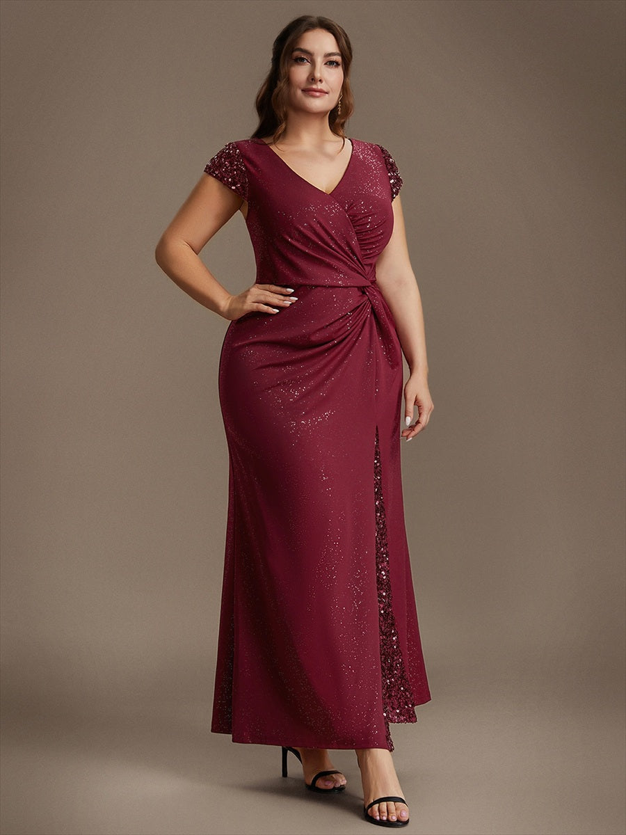 Bodenlanger V-Ausschnitt Bodycon Strickkleid Mit Geknotetem Pailletten Patchwork Glitzer Details Kleid #Farbe_Burgunderrot