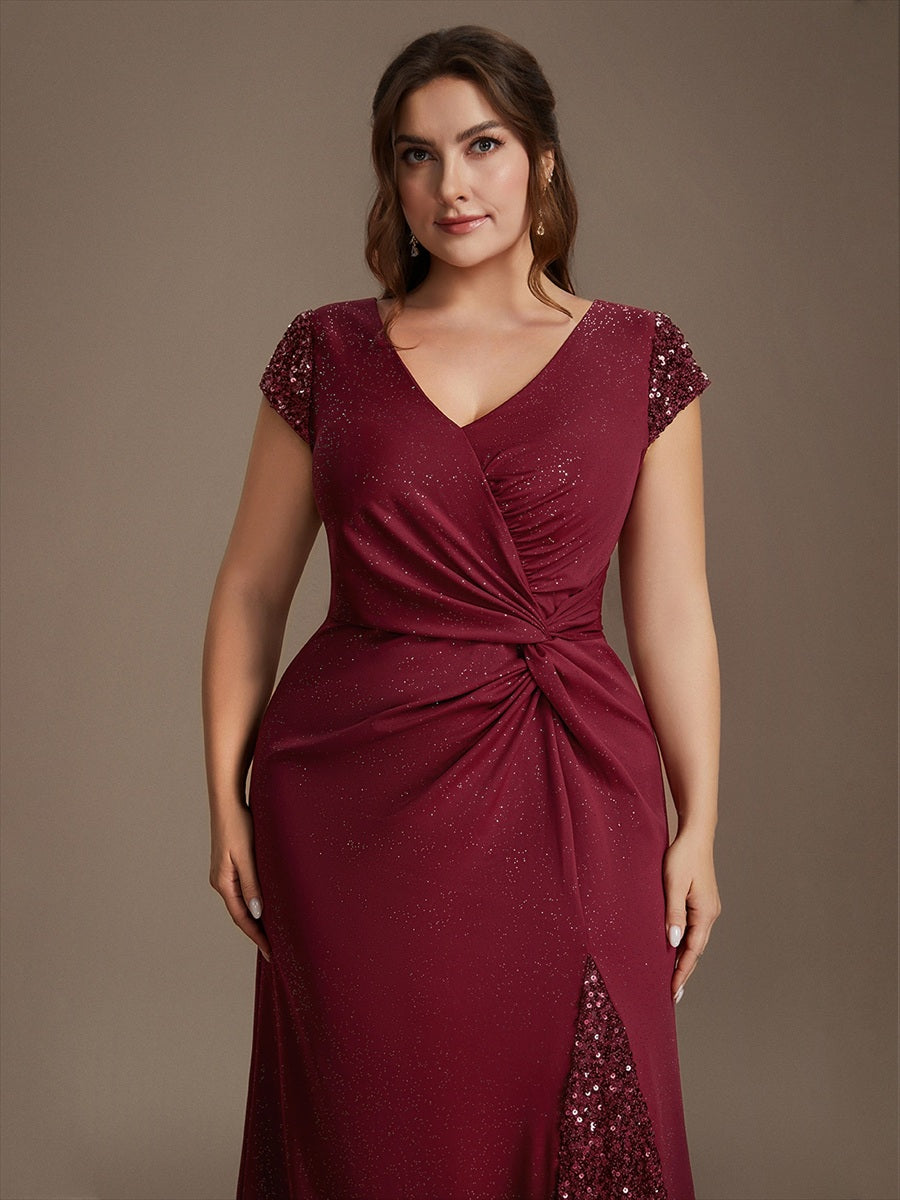 Bodenlanger V-Ausschnitt Bodycon Strickkleid Mit Geknotetem Pailletten Patchwork Glitzer Details Kleid #Farbe_Burgunderrot