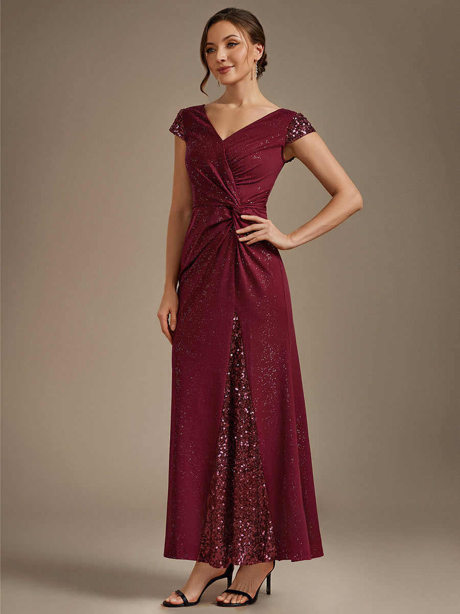 Bodenlanger V-Ausschnitt Bodycon Strickkleid Mit Geknotetem Pailletten Patchwork Glitzer Details Kleid #Farbe_Burgunderrot