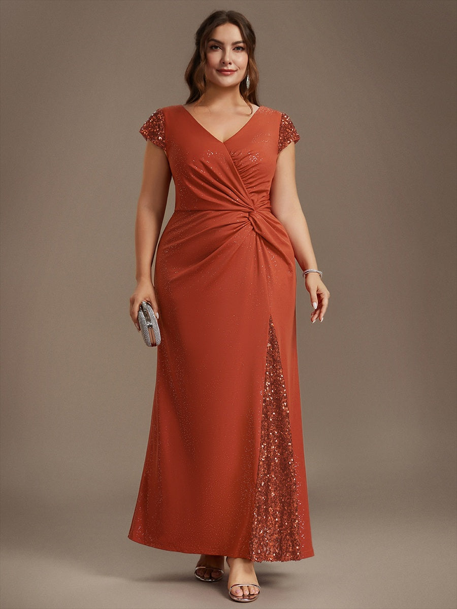 Bodenlanger V-Ausschnitt Bodycon Strickkleid Mit Geknotetem Pailletten Patchwork Glitzer Details Kleid #Farbe_Gebranntes Orange