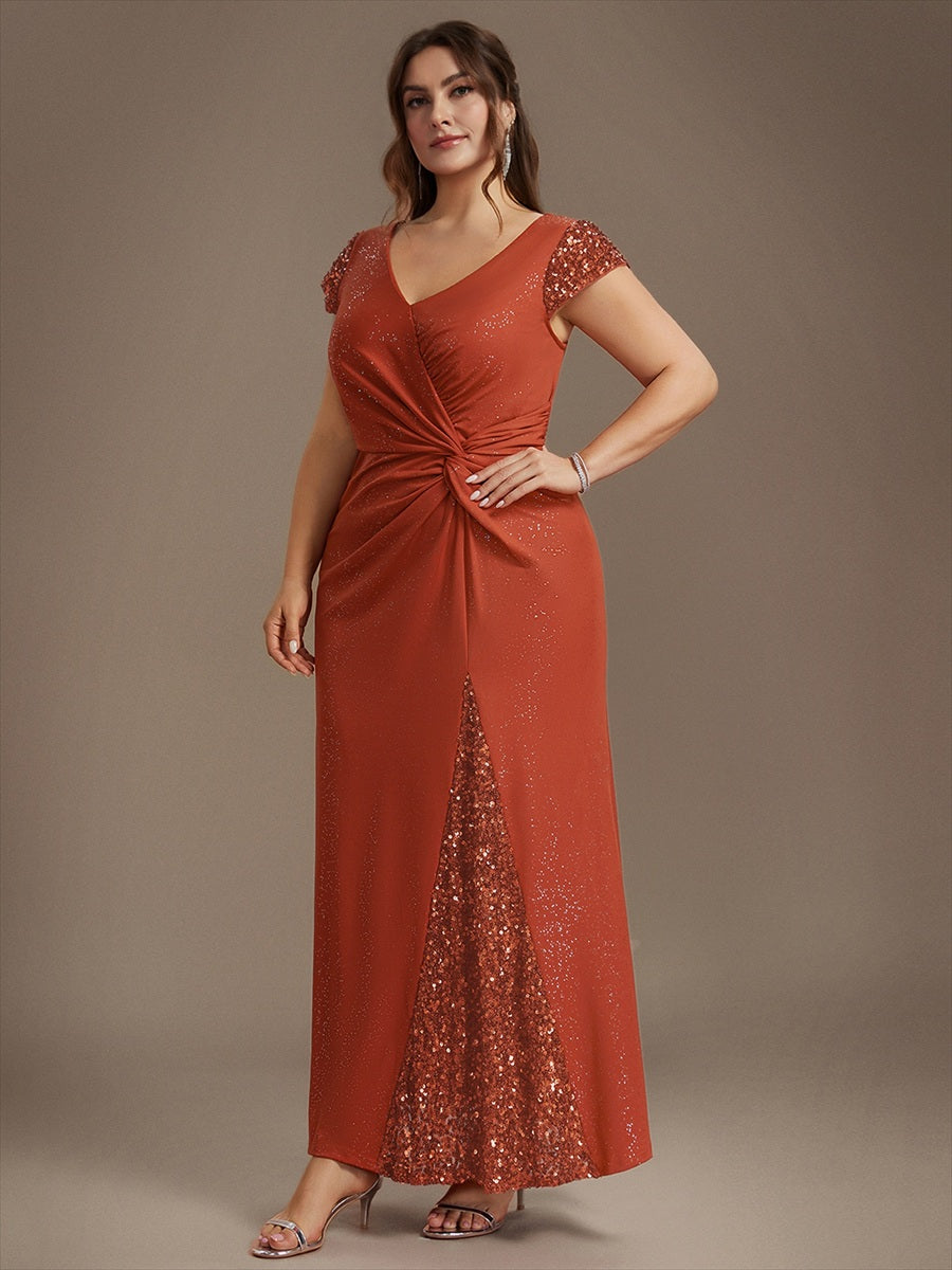 Bodenlanger V-Ausschnitt Bodycon Strickkleid Mit Geknotetem Pailletten Patchwork Glitzer Details Kleid #Farbe_Gebranntes Orange