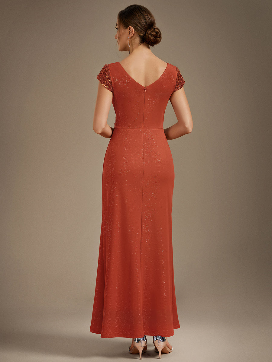 Bodenlanger V-Ausschnitt Bodycon Strickkleid Mit Geknotetem Pailletten Patchwork Glitzer Details Kleid #Farbe_Gebranntes Orange